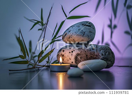 Spa stones with candles and bamboo on bamboo mat, closeup Spa stones with candles and bamboo on bamboo mat, closeup 111939781