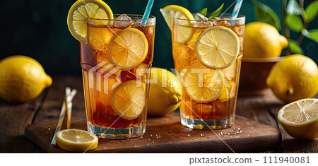 AI-generated content. ice lemon tea, lemon, Served on wooden surface, Accompanied by lemon slices, set against warm ambient lighting evokes sense of refreshment 111940081
