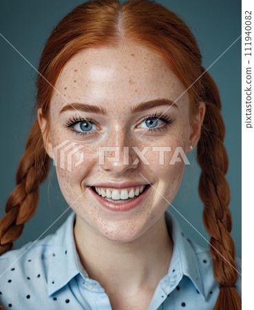 AI-generated content. Redhead woman office portrait. Happy smiling lady with freckles and vibrant redhead braids portrait on workplace. 111940082