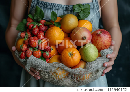 A woman holds fresh strawberries, apples and oranges in mesh bags. 111940152