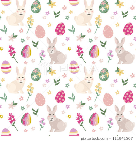 Easter spring seamless pattern with cute rabbit, eggs, flowers. Vector illustration 111941507