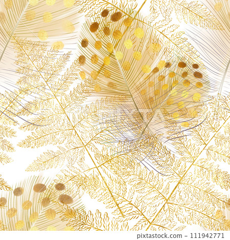 Seamless watercolor forest pattern with golden feathers and fern leaves. Romantic, luxury design. Ideal for textiles, packaging, printing 111942771