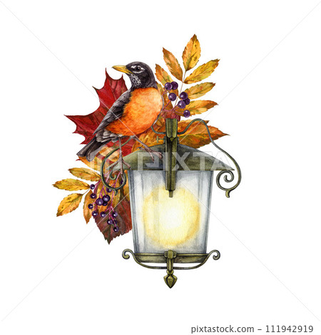 Vintage style autumn decoration with bird and lantern. Watercolor illustration. Hand drawn cozy vintage style fall season decor. American robin on the lamp decorated with leaves, berries element 111942919