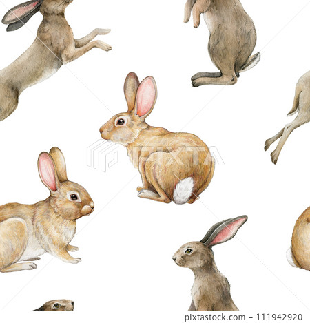 Cute bunnies vintage style seamless pattern. Watercolor illustration. Hand drawn rabbits on white background. Funny small bunnies Easter decoration seamless pattern 111942920