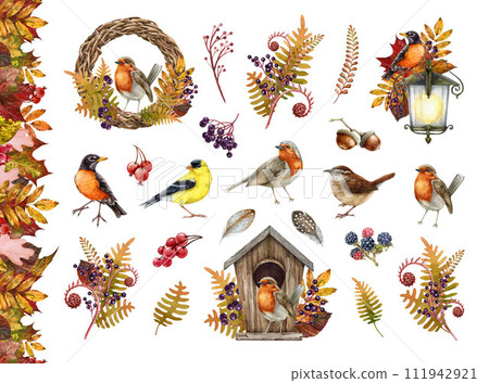 Vintage style autumn season decoration set. Watercolor illustration. Autumn decor element set. Vine wreath, garden birds, leaves, berries, border festive collection. White background 111942921