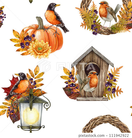 Autumn vintage style decor seamless pattern. Watercolor painted illustration. Hand drawn rustic fall season decorative seamless pattern with birds, leaves, garden elements. White background 111942922
