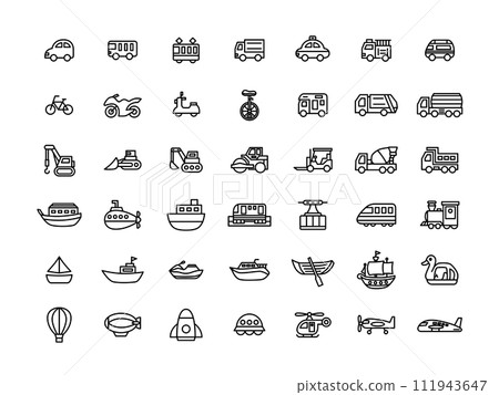 Line drawing icon set of various vehicles Line drawing icon set of various vehicles 111943647