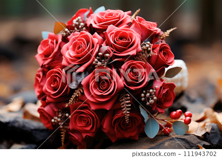 Wedding bouquet of red roses close-up 111943702