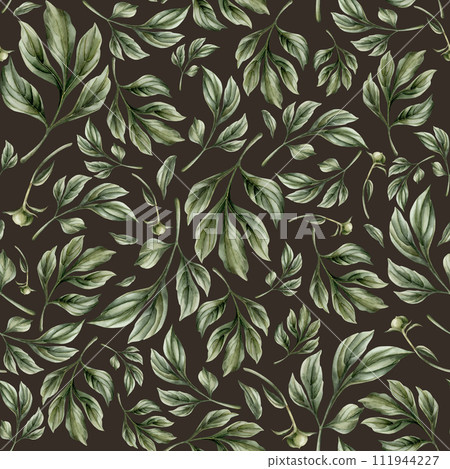 Floral watercolor seamless pattern with green peony leaves on dark background. For use in design, fabric, textile, scrapbooking, wallpaper, wrapping papper, gift boxes, greeting cards, background. Floral watercolor seamless pattern with green peony leaves on dark background. For use in design, fabric, textile, scrapbooking, wallpaper, wrapping papper, gift boxes, greeting cards, background. 111944227