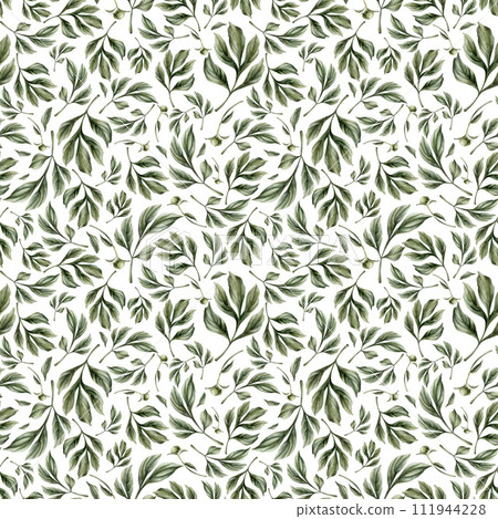 Floral watercolor seamless pattern with green leaves on white background. For use in design, fabric, textile, scrapbooking, wallpaper, wrapping papper, gift boxes, greeting cards, background. 111944228