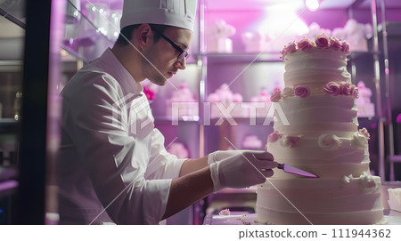 Portrait of confectioner decorating cake. Restaurant chefs decorating a cake. Wearing a traditional chef's uniform. Portrait of confectioner decorating cake. Restaurant chefs decorating a cake. Wearing a traditional chef's uniform. 111944362