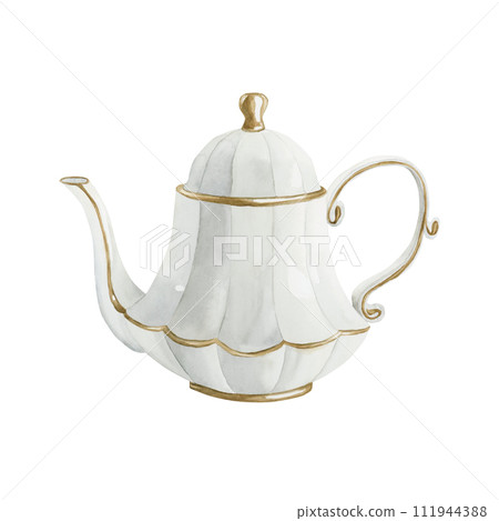 White porcelain teapot with gilded rim, Victorian style. Watercolor illustration hand painted isolated on white background. Perfect for invitations, greeting cards, posters, labels, wallpapers, wrappe White porcelain teapot with gilded rim, Victorian style. Watercolor illustration hand painted isolated on white background. Perfect for invitations, greeting cards, posters, labels, wallpapers, wrappe 111944388