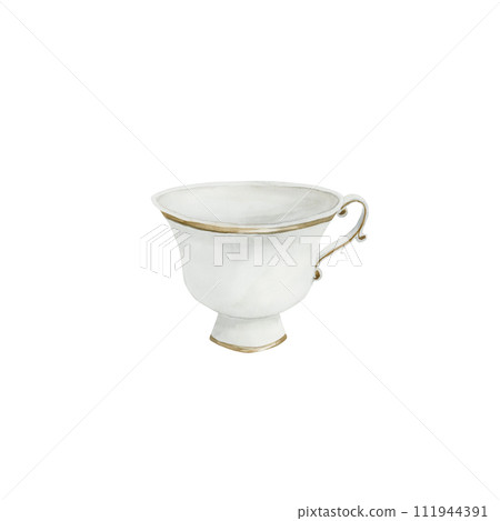 White porcelain tea cup with gilded rim, Victorian style. Watercolor illustration hand painted isolated on white background. Perfect for invitations, greeting cards, posters, labels, wallpapers, wrapp 111944391