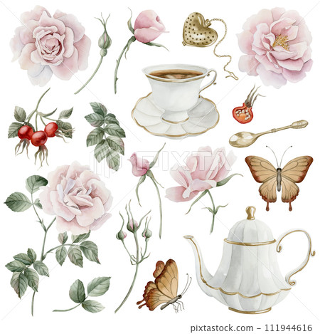 Set of rose hip flowers, berries, leaves, white porcelain teaware and butterflies. Watercolor illustration hand painted isolated on white background. Perfect for invitations, greeting cards, posters, Set of rose hip flowers, berries, leaves, white porcelain teaware and butterflies. Watercolor illustration hand painted isolated on white background. Perfect for invitations, greeting cards, posters, 111944616