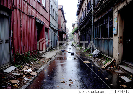 Realistic photo of abandoned alley with debris rubbish on the street 111944712