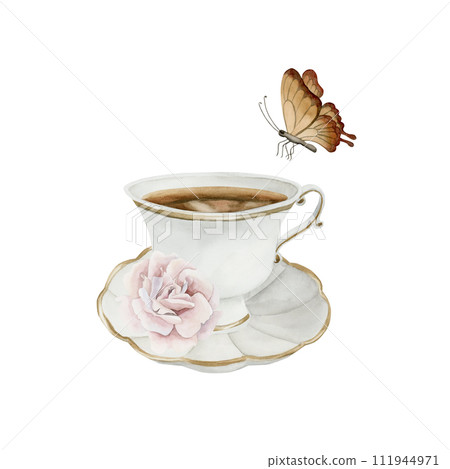 White porcelain tea cup and saucer with gilded rim, pink rose hip flower and butterfly. Victorian style. Cup of tea. Watercolor illustration hand painted isolated on white background. Perfect for labe 111944971