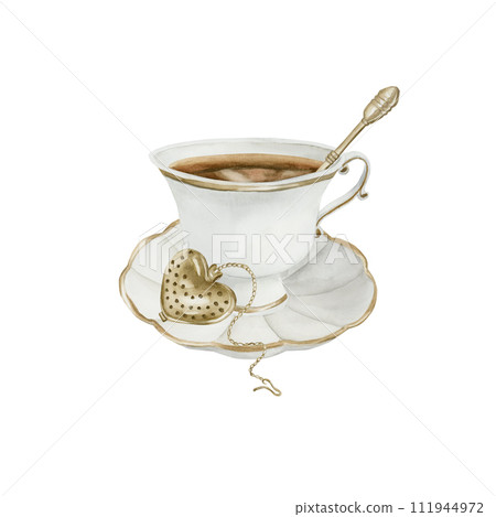 White porcelain tea cup and saucer with gilded rim, gold metal tea strainer on chain and tea spoon, Victorian style. Cup of tea. Watercolor illustration hand painted isolated on white background. Perf White porcelain tea cup and saucer with gilded rim, gold metal tea strainer on chain and tea spoon, Victorian style. Cup of tea. Watercolor illustration hand painted isolated on white background. Perf 111944972