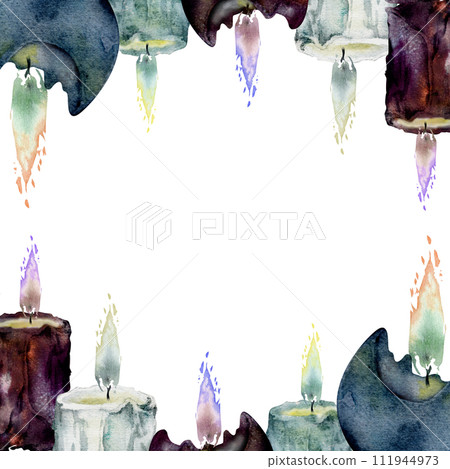 Hand drawn watercolor illustration sea witch altar objects. Burning pillar and ball votive candles with flame, blue purple. Square frame isolated on white background. Design for print, shop, magic Hand drawn watercolor illustration sea witch altar objects. Burning pillar and ball votive candles with flame, blue purple. Square frame isolated on white background. Design for print, shop, magic 111944973
