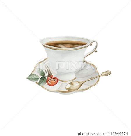 White porcelain tea cup and saucer with gilded rim, gold tea spoon, rose hip berry with leaves. Victorian style. Watercolor illustration hand painted isolated on white background. Perfect for invitati White porcelain tea cup and saucer with gilded rim, gold tea spoon, rose hip berry with leaves. Victorian style. Watercolor illustration hand painted isolated on white background. Perfect for invitati 111944974