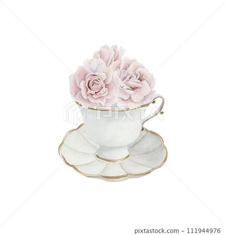 White porcelain tea cup and saucer with gilded rim, pink rose hip flowers. Victorian style. Watercolor illustration hand painted isolated on white background. Perfect for posters, labels, wallpapers, White porcelain tea cup and saucer with gilded rim, pink rose hip flowers. Victorian style. Watercolor illustration hand painted isolated on white background. Perfect for posters, labels, wallpapers, 111944976