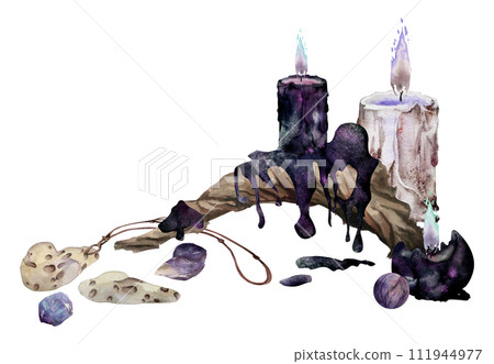 Hand drawn watercolor illustration sea witch altar objects. Burning pillar candles driftwood, gemstones crystals, adder stone amulet. Composition isolated white background. Design print, shop, magic Hand drawn watercolor illustration sea witch altar objects. Burning pillar candles driftwood, gemstones crystals, adder stone amulet. Composition isolated white background. Design print, shop, magic 111944977
