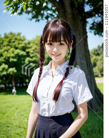Smiling young woman with a large tree behind her in the green field 111945057