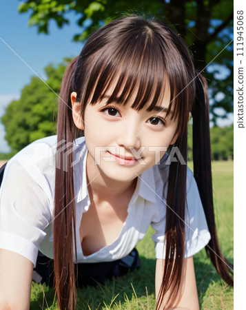 A young woman crawling on all fours with a smile on the green earth 111945068