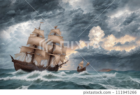Landscape illustration cloudy storm ocean wave and vintage boat 111945266