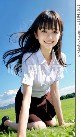 一個年輕女子在綠色的地球上微笑著爬行 111945611