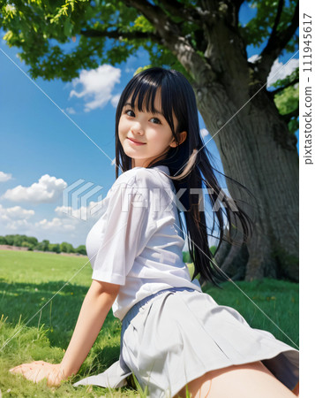 年輕女子微笑著，臉朝下躺在綠色的地球上 111945617