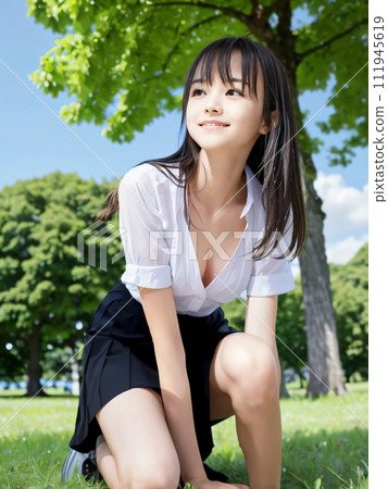 A young woman kneeling on the green earth with a smile 111945619