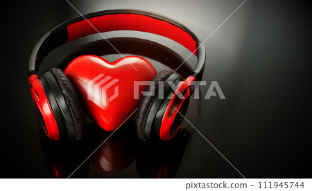Red Heart with Headphones Listens to Music on a Black Background - Generative Ai 111945744
