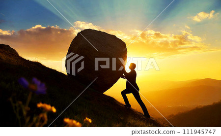 Silhouette of Businessman Pushing Huge Stone Boulder Up on Hill - Generative Ai Silhouette of Businessman Pushing Huge Stone Boulder Up on Hill - Generative Ai 111945747