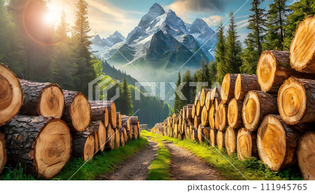 Stack of Pine Tree Trunks with a Green Forest on Background - Generative Ai 111945765