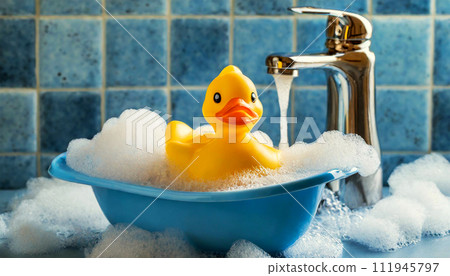 Rubber Toy Duck Taking a Bath in a Blue Bathtub - Generative Ai 111945797