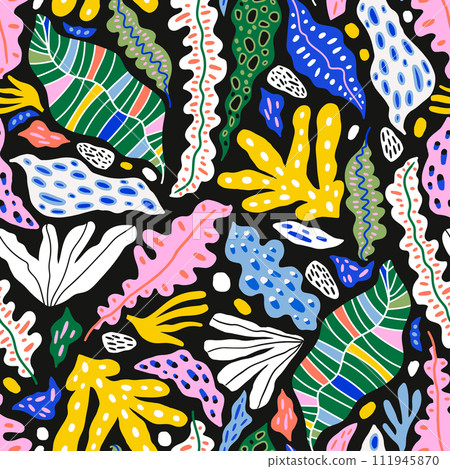 Seamless botanical pattern with abstract tropical leaves and shapes. Summer bold jungle florals design. Great for fabric, textile, wrapping paper, wallpaper. Vector texture Seamless botanical pattern with abstract tropical leaves and shapes. Summer bold jungle florals design. Great for fabric, textile, wrapping paper, wallpaper. Vector texture 111945870