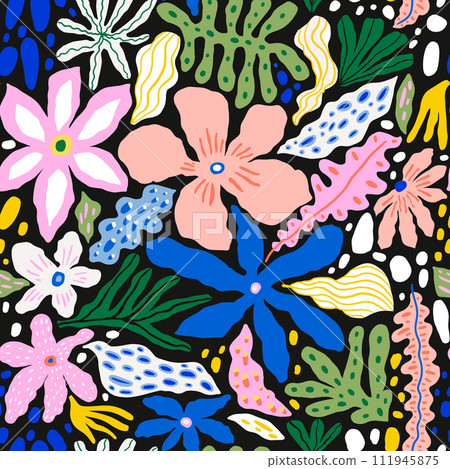 Seamless pattern with abstract tropical flowers, leaves and shapes. Summer bright jungle florals design. Great for fabric, textile, wrapping paper, wallpaper. Vector texture 111945875