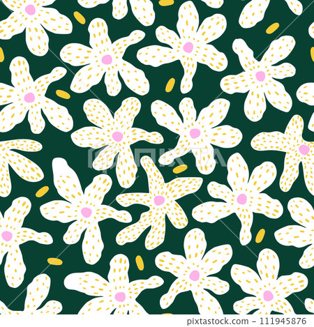 Seamless jungle floral pattern. Hand drawn white tropical flowers. Vector texture for fabric, textile, wallpaper. Seamless jungle floral pattern. Hand drawn white tropical flowers. Vector texture for fabric, textile, wallpaper. 111945876