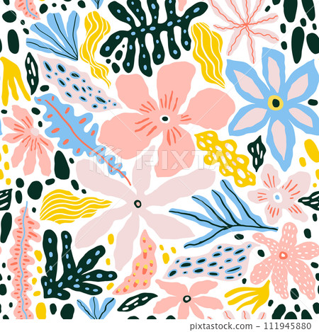 Seamless pattern with abstract tropical flowers, leaves and shapes. Summer jungle florals design. Great for fabric, textile, wrapping paper, wallpaper. Vector texture Seamless pattern with abstract tropical flowers, leaves and shapes. Summer jungle florals design. Great for fabric, textile, wrapping paper, wallpaper. Vector texture 111945880
