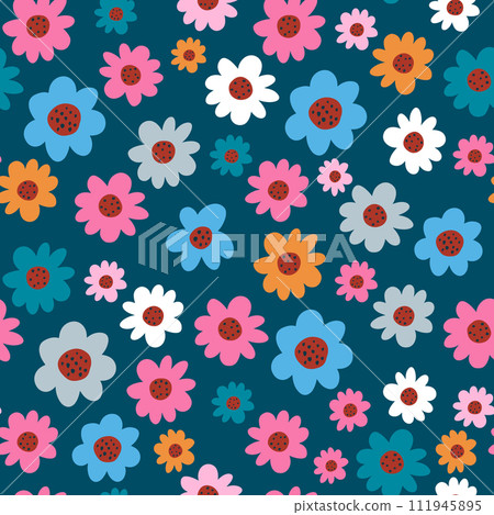 Seamless floral pattern. Colorful daisy tiny flowers. Hand drawn Botanical texture. Vector cute background Seamless floral pattern. Colorful daisy tiny flowers. Hand drawn Botanical texture. Vector cute background 111945895