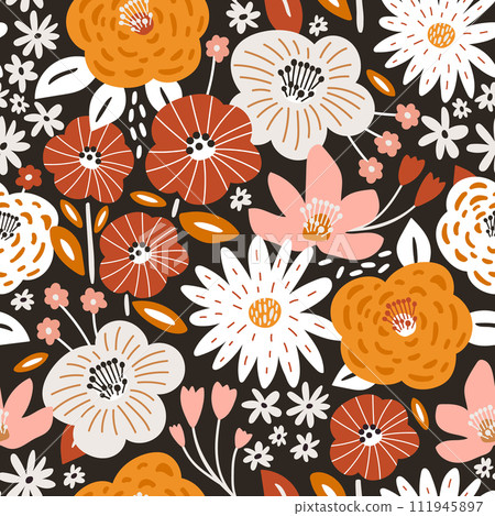 Seamless floral autumn pattern. Botanical texture for fabric, textile. Vector illustration Seamless floral autumn pattern. Botanical texture for fabric, textile. Vector illustration 111945897