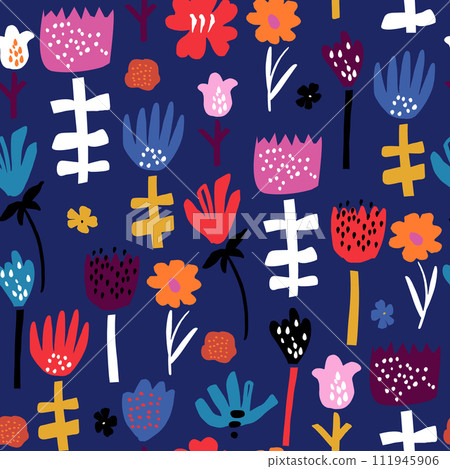 Seamless abstract floral pattern. Botanical texture with hand drawn flowers. Vector illustration 111945906