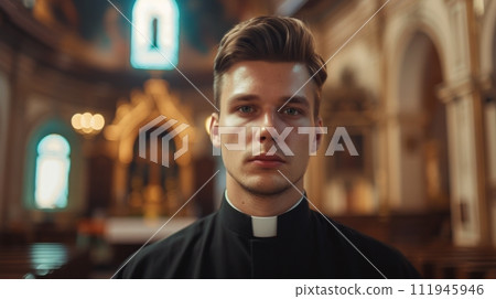 AI-generated content. Portrait of catholic priest with church on background. 111945946