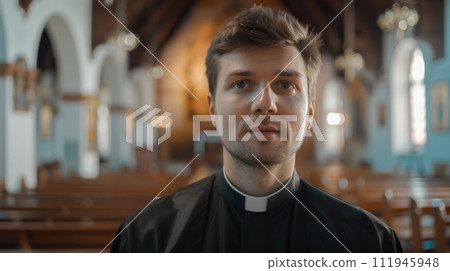 AI-generated content. Portrait of catholic priest with church on background. 111945948