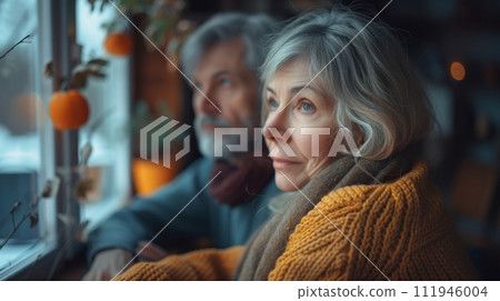 AI-generated content. Middle aged man and woman at family house wearing warm wear, cozy atmosphere 111946004