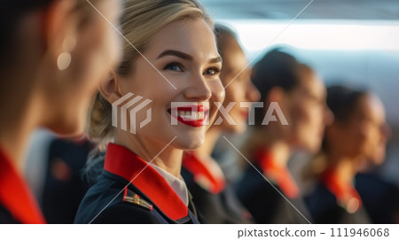 AI-generated content. Beautiful air hostess in an airplane saloon happy smiling 111946068