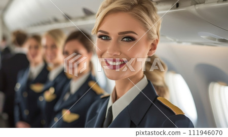 AI-generated content. Beautiful air hostess in an airplane saloon happy smiling 111946070