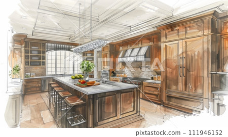 AI-generated content. Beautiful Custom Kitchen Design Drawing and Brushed In Photo Combination 111946152