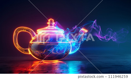 AI-generated content. Transparent kettle boils against a neon purple backlight. 111946259