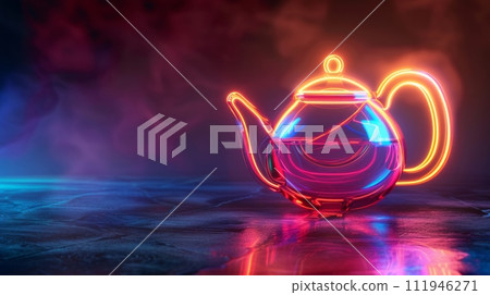 AI-generated content. Transparent kettle boils against a neon purple backlight. AI-generated content. Transparent kettle boils against a neon purple backlight. 111946271